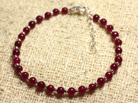 925 sterling Silver Grounding Silver Helling  4mm Stracking Red Red Jade  Bracelet Round, Smooth 7" for mens, womens, gf, bf & Adult.