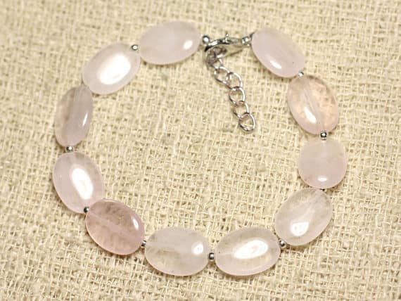 925 sterling Silver Anniversary Gift Silver Helling 14mm Stracking Pink Rose Quartz Bracelet Oval, Smooth 7" for mens, womens, gf, bf & Adult.
