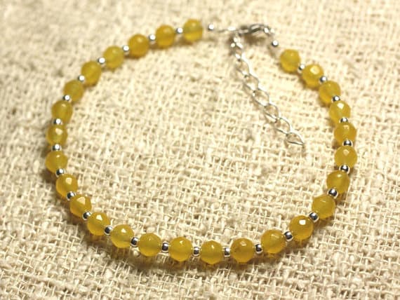 925 sterling Silver Positive Energy Silver helling 4mm Stracking Yellow Yellow Jade  Bracelet Round, Faceted 7" for mens, womens, gf, bf & Adult.