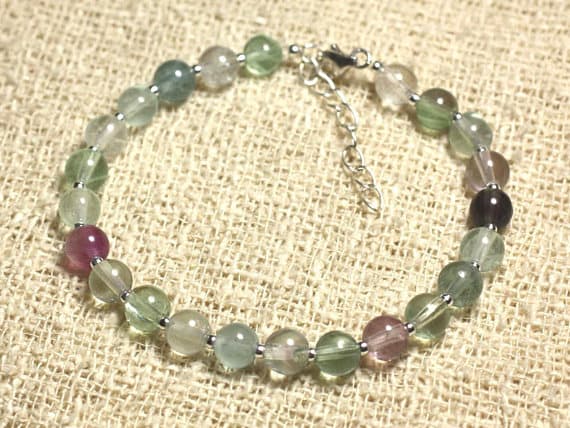 925 sterling Silver top quality Silver helling 6mm stacking Multi Fluorite green  Bracelet Round, Smooth 7" for mens, womens, gf, bf & Adult.