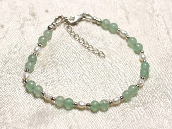 925 sterling Silver good luck gift Silver Helling 3-4mm stacking Blue & White Aventurine & white cultured pearls  Bracelet Round, Smooth 7" for mens, womens, gf, bf & Adult.