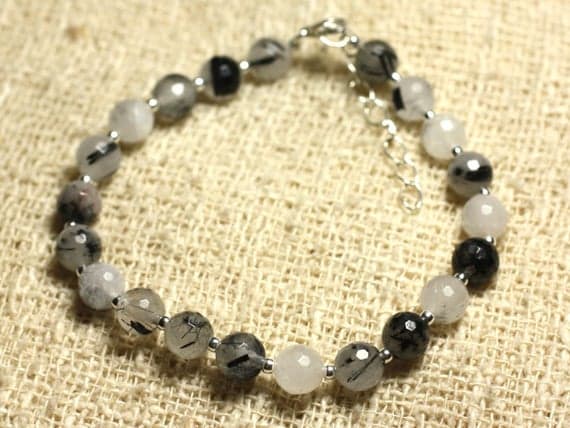 925 sterling Silver chakras simple Silver Helling 6mm Stracking Black & White Tourmalated Quartz  Bracelet Round, Faceted 7" for mens, womens, gf, bf & Adult.