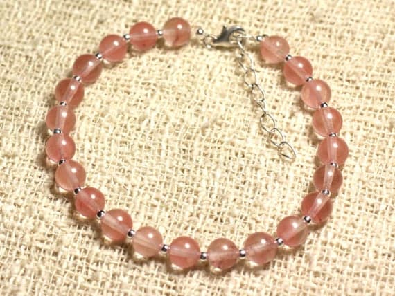 925 sterling Silver love beach youth Silver Helling 6mm Stracking Pink cherry Quartz  Bracelet Round, Smooth 7" for mens, womens, gf, bf & Adult.
