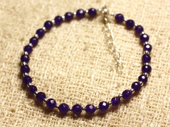 925 sterling Silver Jewelry Energy Silver Helling 4mm Stracking Purple purple Jade  Bracelet Round, Faceted 7" for mens, womens, gf, bf & Adult.