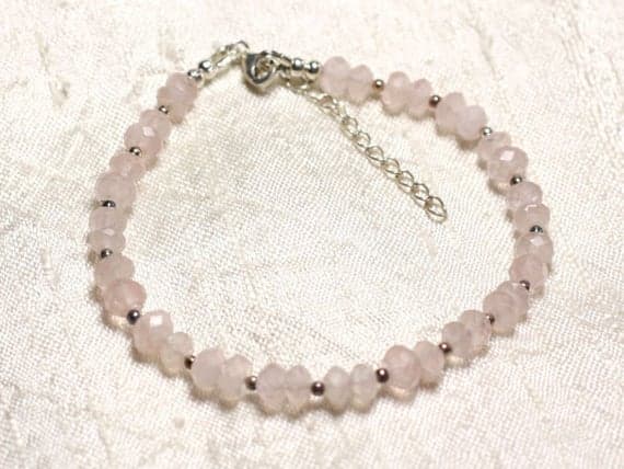 925 sterling Silver Artisan Loose Silver Helling 5x3mm Stracking Pink rose Quartz  Bracelet Rondelle, Faceted 7" for mens, womens, gf, bf & Adult.