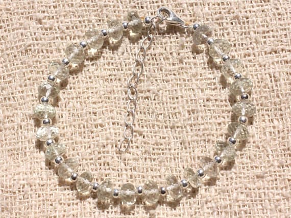 925 sterling Silver Natural Silver Helling 7mm Stracking White Phrenite Bracelet Rondelle, Faceted 7" for mens, womens, gf, bf & Adult.