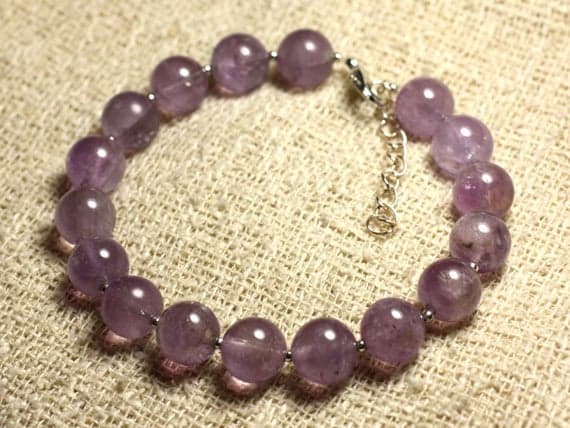 925 sterling Silver Personalized Gift Silver Helling 10mm Stracking Purple Amethyst Bracelet Round, Smooth 7.5" for mens, womens, gf, bf & Adult.