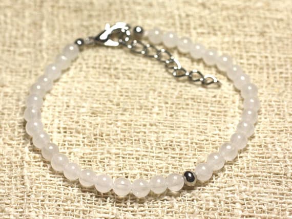 925 sterling Silver Bridesmaid Jewelry Silver Helling 4mm Stracking White Jade white  Bracelet Round, Smooth 7" for mens, womens, gf, bf & Adult.