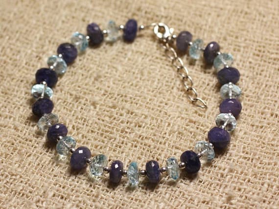 925 sterling Silver good luck gift Silver Helling 3-7mm Stracking Multi Tanzanite & Blue Topaz Bracelet Rondelle, Faceted 7" for mens, womens, gf, bf & Adult.