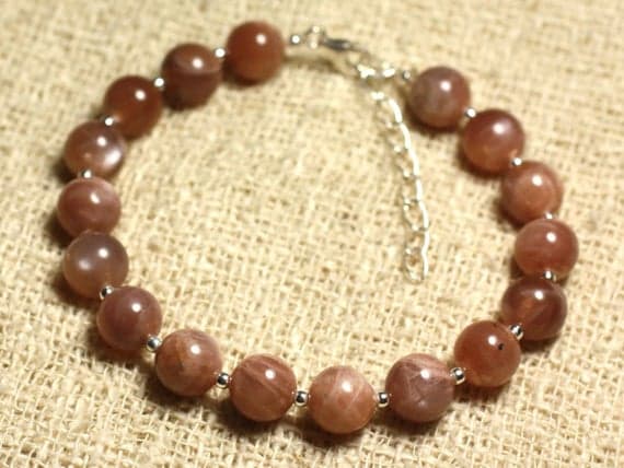 925 sterling Silver Anxiety Gemstone Silver Helling 8mm stacking Orange Sunstone Bracelet Round, Smooth 7" for mens, womens, gf, bf & Adult.