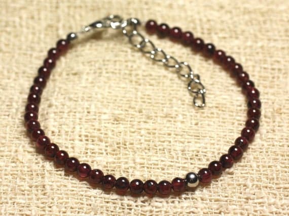 925 sterling Silver Anniversary Gift Silver Helling 4mm Stracking Red Garnet Bracelet Round, Smooth 7" for mens, womens, gf, bf & Adult.