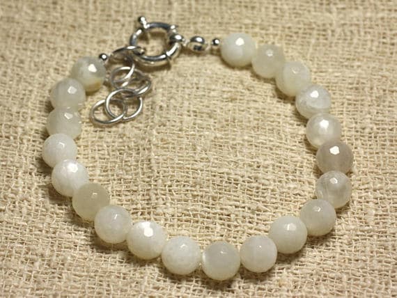 925 sterling Silver Blush Jewelry 9mm stacking White white Moonstone Bracelet Round, Faceted 7.5" for mens, womens, gf, bf & Adult.