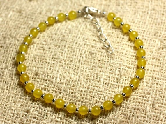 925 sterling Silver Unique Wedding Gift Silver Helling 4mm stacking Yellow Yellow Jade Bracelet Round, Smooth 7" for mens, womens, gf, bf & Adult.