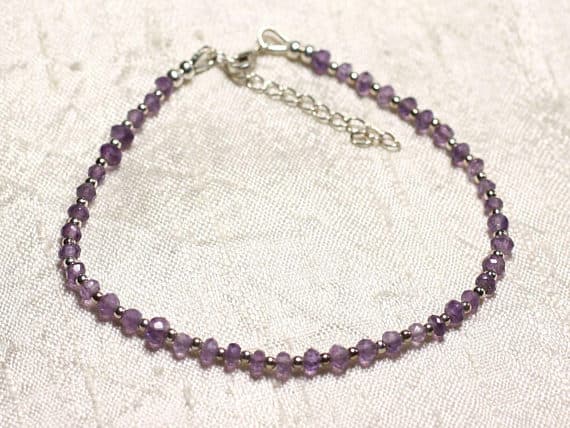 925 sterling Silver Anxiety Gemstone Silver Helling 3-4mm Stracking Purple Amethyst Bracelet Rondelle, Faceted 7" for mens, womens, gf, bf & Adult.