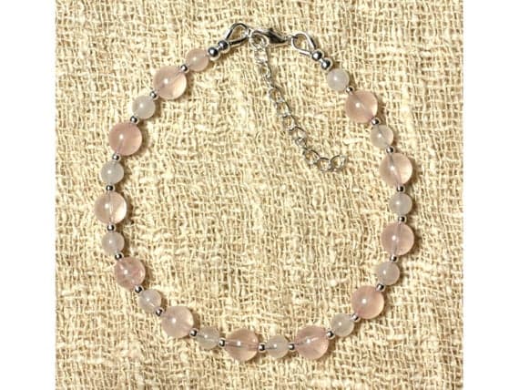 925 sterling Silver Natural Silver Helling 4-6mm Stracking Pink Pink Quartz Bracelet Round, Smooth 7" for mens, womens, gf, bf & Adult.