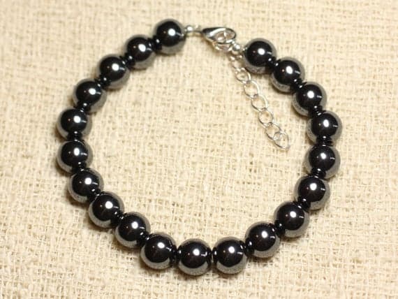 925 sterling Silver Bridesmaid Jewelry Silver Helling 8mm Stracking Silver Hematite Bracelet Round, Smooth 7" for mens, womens, gf, bf & Adult.