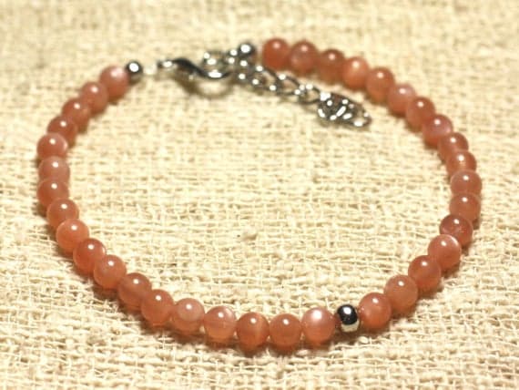 925 sterling Silver Empath Protection Silver Helling 4mm stacking Orange Sunstone Bracelet Round, Smooth 7" for mens, womens, gf, bf & Adult.