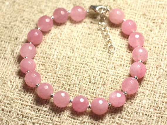 925 sterling Silver Dainty Slave Loose Silver Helling 8mm stacking Pink Pink Jade  Bracelet Round, Faceted 7" for mens, womens, gf, bf & Adult.