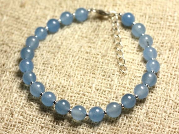 925 sterling Silver Dainty Slave Loose Silver Helling 6mm stacking Blue Blue Jade  Bracelet Round, Smooth 7" for mens, womens, gf, bf & Adult.