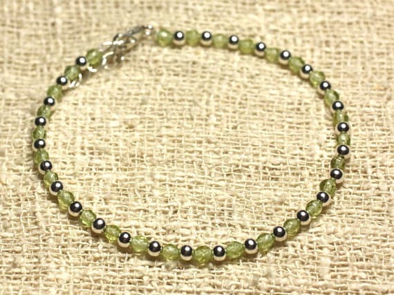 925 sterling Silver Artisan Loose Silver Helling 3mm Stracking Green Peridot Bracelet Round, Faceted 7" for mens, womens, gf, bf & Adult.