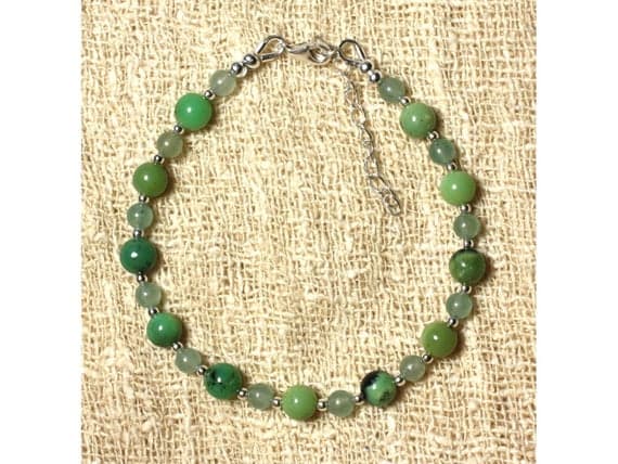 925 sterling Silver Rock Gift Silver Helling 4-6mm Stracking Green Chrysoprase and green Aventurine Bracelet Round, Smooth 7" for mens, womens, gf, bf & Adult.
