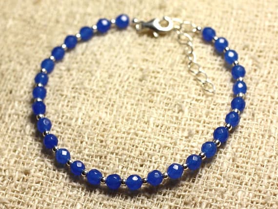 925 sterling Silver Artisan Loose Silver Helling 4mm Stracking Blue blue Jade  Bracelet Round, Faceted 7" for mens, womens, gf, bf & Adult.