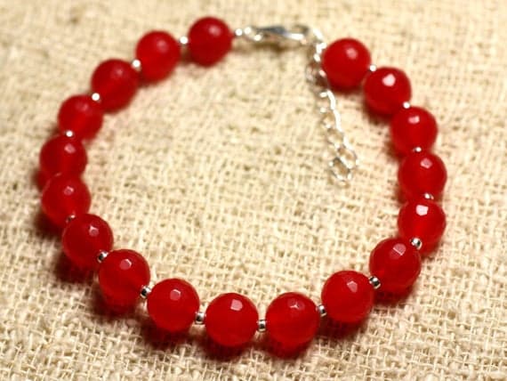 925 sterling Silver Anxiety Relief Calming Silver Helling 8mm Stracking Red Red Jade Bracelet Round, Faceted 7" for mens, womens, gf, bf & Adult.