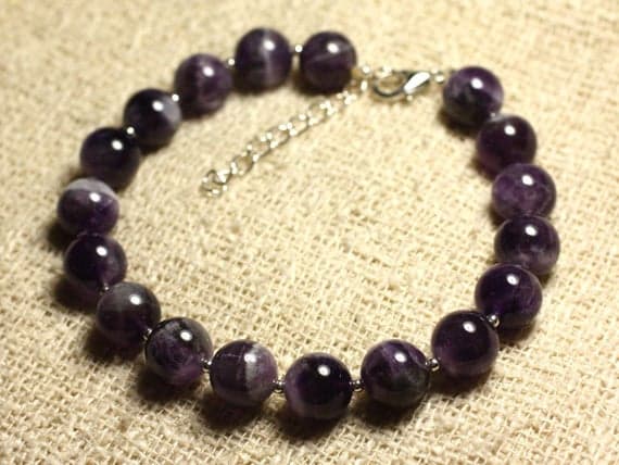 925 sterling Silver Unique Wedding Gift Silver Helling 10mm Stracking Purple Amethyst Bracelet Round, Smooth 7" for mens, womens, gf, bf & Adult.