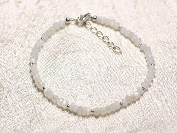 925 sterling Silver Handmade Beaded Silver Helling 3mm stacking White Moonstone white Bracelet Rondelle, Faceted 7" for mens, womens, gf, bf & Adult.