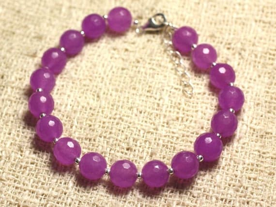 925 sterling Silver Handmade Beaded Silver Helling 8mm stacking Purple purple Jade Bracelet Round, Faceted 7" for mens, womens, gf, bf & Adult.