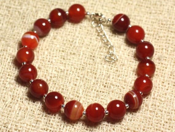 925 sterling Silver love beach youth 8mm Stracking Red Agate Bracelet Round, Smooth 7" for mens, womens, gf, bf & Adult.