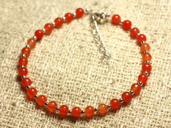 925 sterling Silver Handmade Beaded Silver Helling 4mm stacking Orange Orange Jade Bracelet Round, Smooth 7" for mens, womens, gf, bf & Adult.