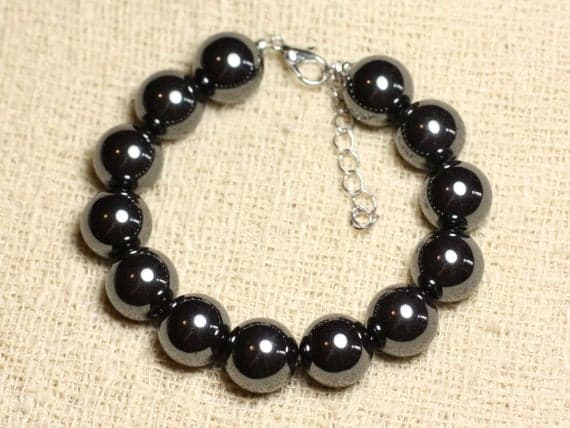 925 sterling Silver Blush Jewelry 12mm Stracking Black Hematite Bracelet Round, Smooth 7" for mens, womens, gf, bf & Adult.