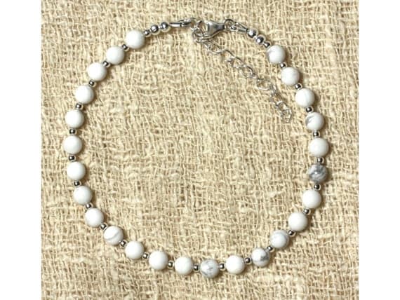 925 sterling Silver Positive Energy Silver helling 4mm Stracking White Howlite Bracelet Round, Smooth 7" for mens, womens, gf, bf & Adult.