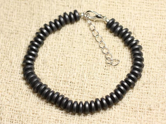 925 sterling Silver Blush Jewelry 6mm stacking Black Hematite Bracelet Rondelle, Smooth 7" for mens, womens, gf, bf & Adult.