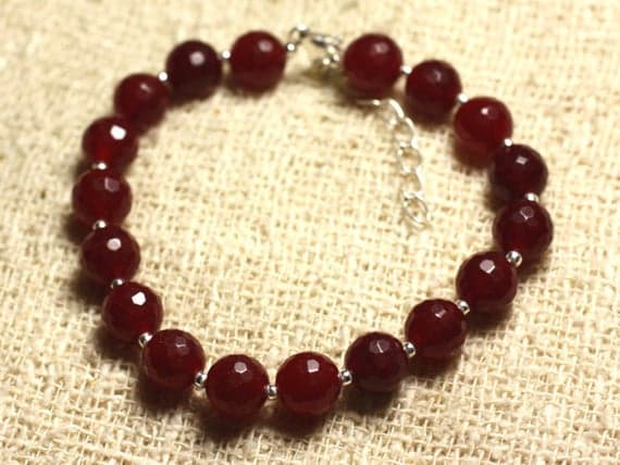 925 sterling Silver Natural Silver Helling 8mm stacking Red Burgundy Jade Bracelet Round, Faceted 7" for mens, womens, gf, bf & Adult.