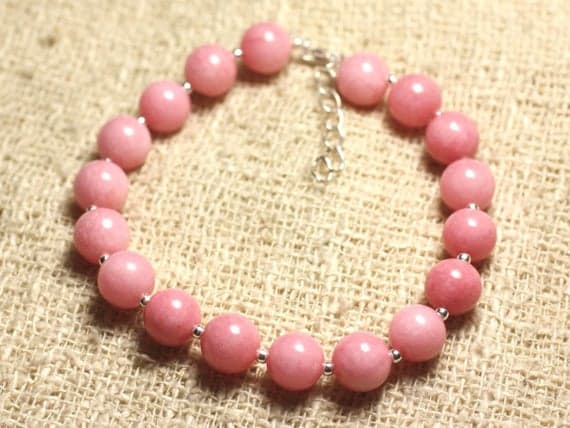 925 sterling Silver top quality Silver helling 8mm stacking Pink Jade Bracelet Round, Smooth 7" for mens, womens, gf, bf & Adult.