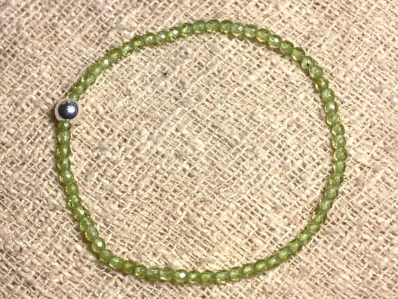 top quality Silver helling 3mm Stretchable Green Peridot Bracelet Round, Faceted 7" for mens, womens, gf, bf & Adult.