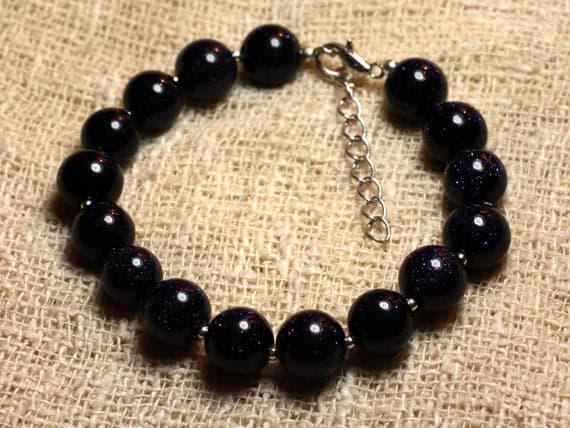 925 sterling Silver Personalized Gift Silver Helling 10mm Stracking Blue Sunstone synthesis Galaxy  Bracelet Round, Smooth 7.5" for mens, womens, gf, bf & Adult.