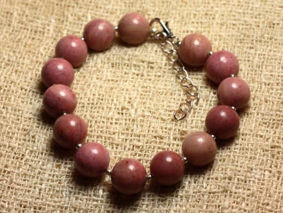 925 sterling Silver good luck gift Silver Helling 10mm Stracking Pink Rhodonite Bracelet Round, Smooth 7.5" for mens, womens, gf, bf & Adult.