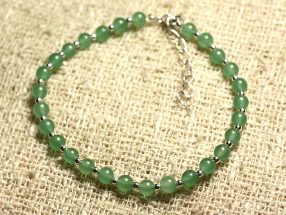 925 sterling Silver love beach youth Silver Helling 4mm stacking Green Jade Bracelet Round, Smooth 7" for mens, womens, gf, bf & Adult.