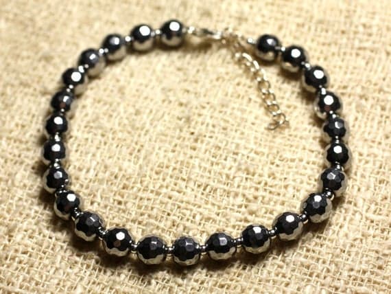 925 sterling Silver Empath Protection Silver Helling 6mm stacking Silver Hematite Bracelet Round, smooth 7" for mens, womens, gf, bf & Adult.