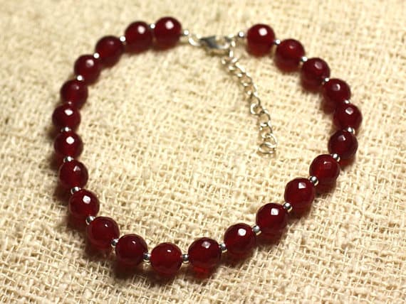 925 sterling Silver Artisan Loose Silver Helling 6mm Stracking Red Burgundy Jade Bracelet Round, Faceted 7" for mens, womens, gf, bf & Adult.