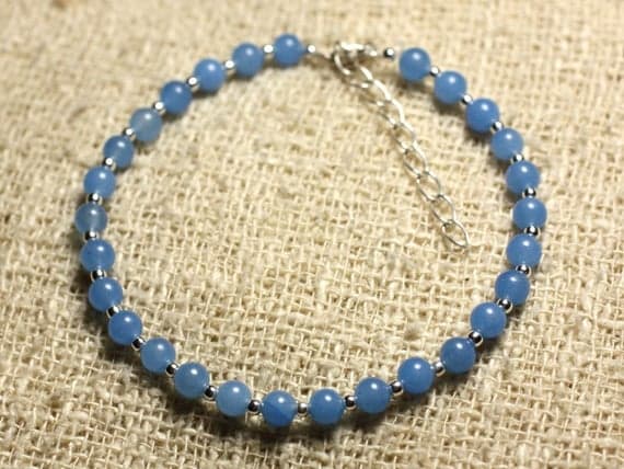 925 sterling Silver Grounding Silver Helling  4mm Stracking Blue Jade Bracelet Round, Smooth 7" for mens, womens, gf, bf & Adult.