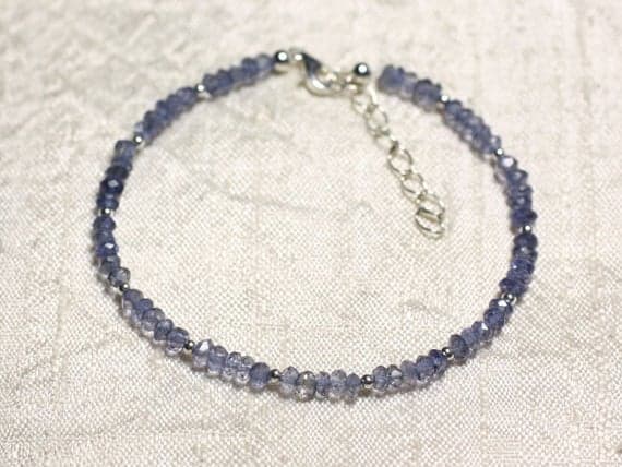 925 sterling Silver Grounding Silver Helling  3mm stacking Blue Iolite Bracelet Rondelle, Faceted 7" for mens, womens, gf, bf & Adult.
