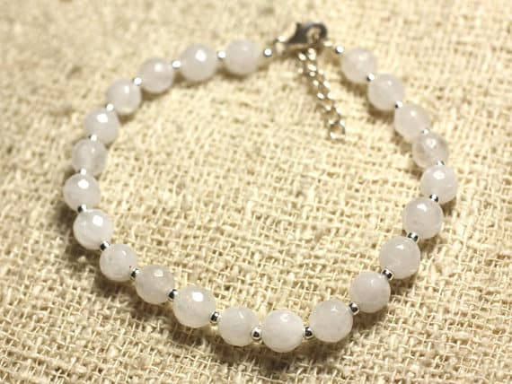 925 sterling Silver good luck gift Silver Helling 6mm Stracking White White Jade  Bracelet Round, faceted 7" for mens, womens, gf, bf & Adult.