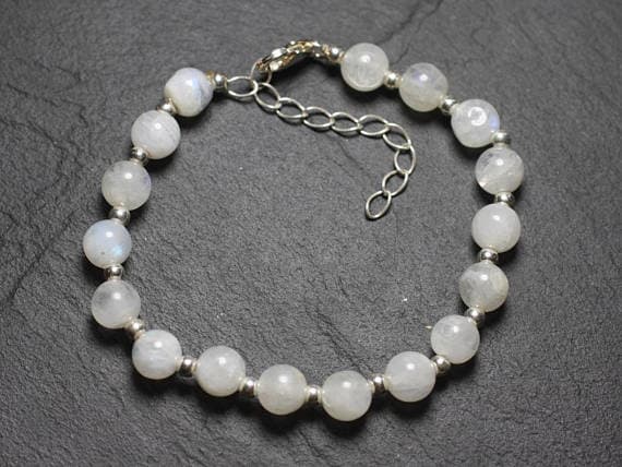 925 sterling Silver Blush Jewelry Silver Helling 7-8mm Stracking White Rainbow Moonstone Bracelet Round, Smooth 7" for mens, womens, gf, bf & Adult.