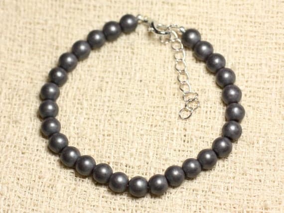 925 sterling Silver Dainty Slave Loose 6mm Stracking Black Hematite Bracelet Round, Smooth 7" for mens, womens, gf, bf & Adult.
