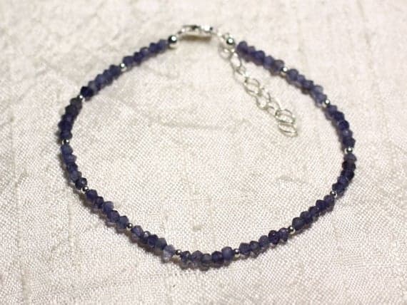 925 sterling Silver Artisan Loose Silver Helling 3mm Stracking Blue Iolite Cordierite  Bracelet Rondelle, Faceted 7" for mens, womens, gf, bf & Adult.