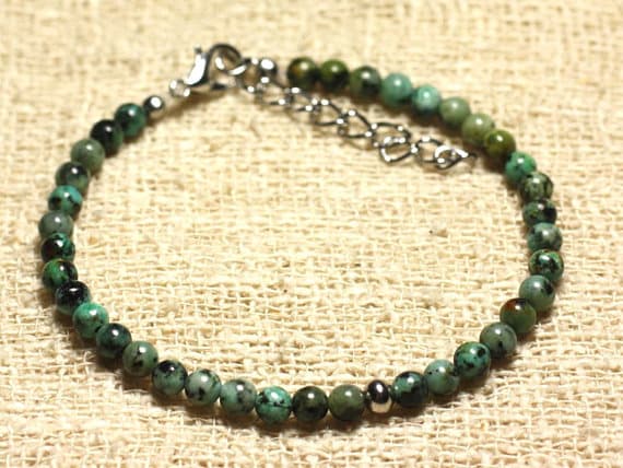 925 sterling Silver Bridesmaid Jewelry Silver Helling 4mm stacking Green African Turquoise Bracelet Round, Smooth 7" for mens, womens, gf, bf & Adult.